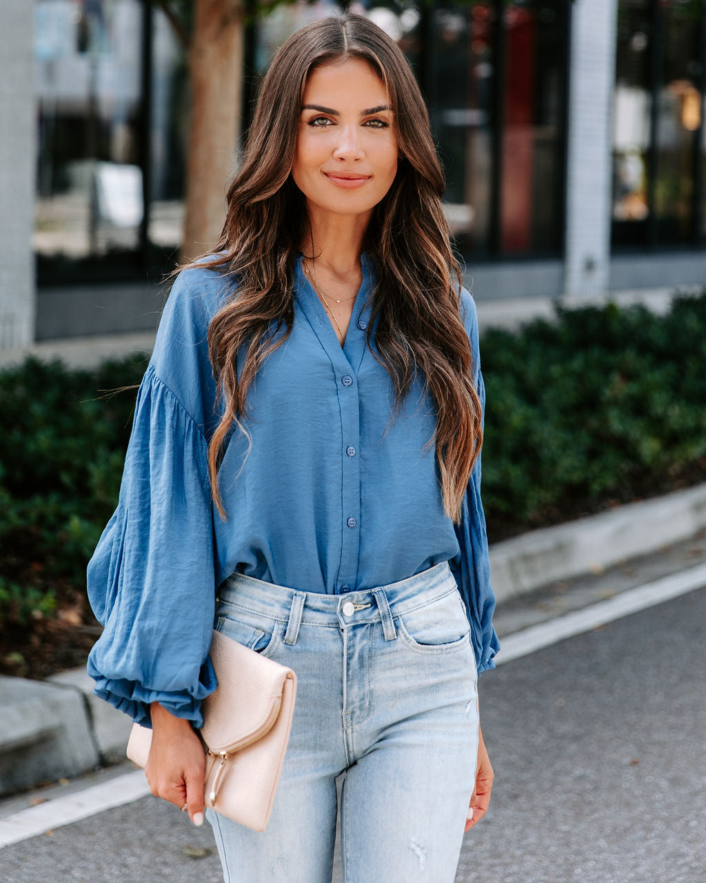 Asher Balloon Sleeve Button Down Top - Blue - SALE