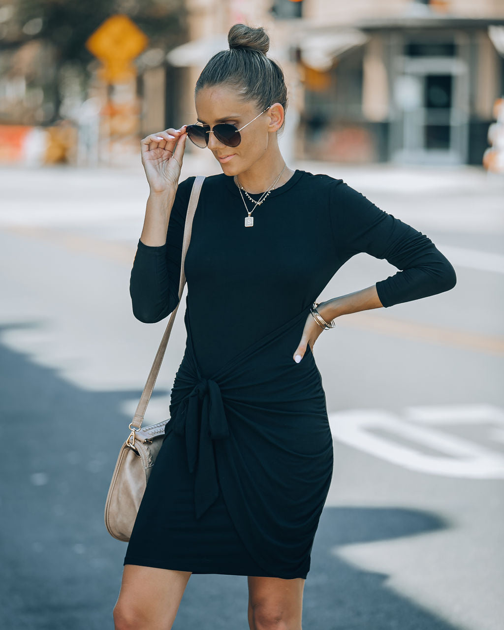 Ayda Drape Front Tie Mini Dress - Black - SALE