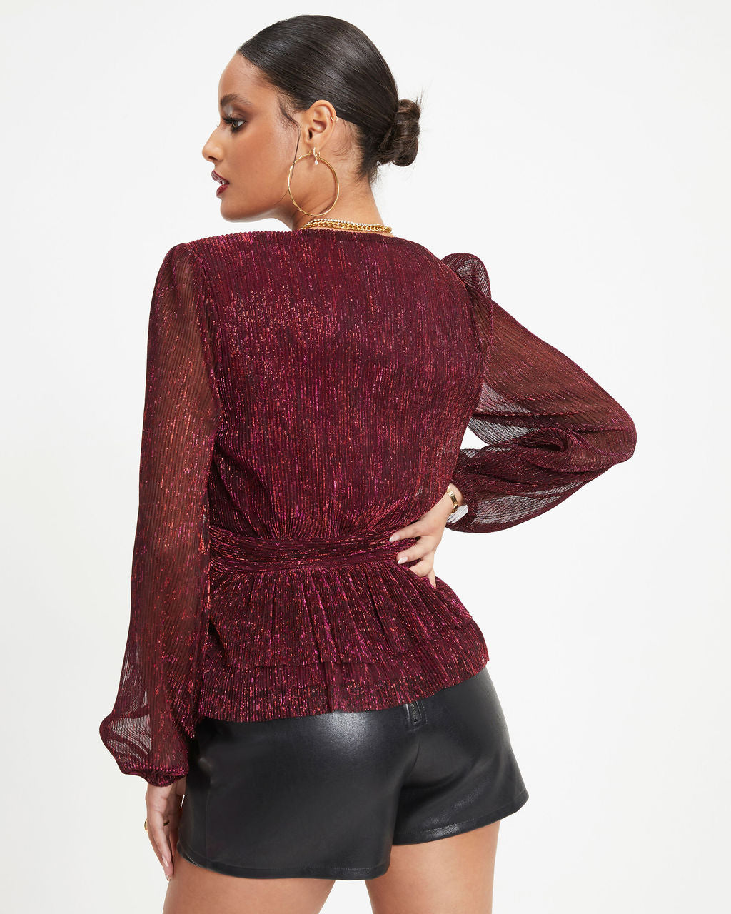 Razzle Dazzle Metallic Plisse Tiered Top - Wine