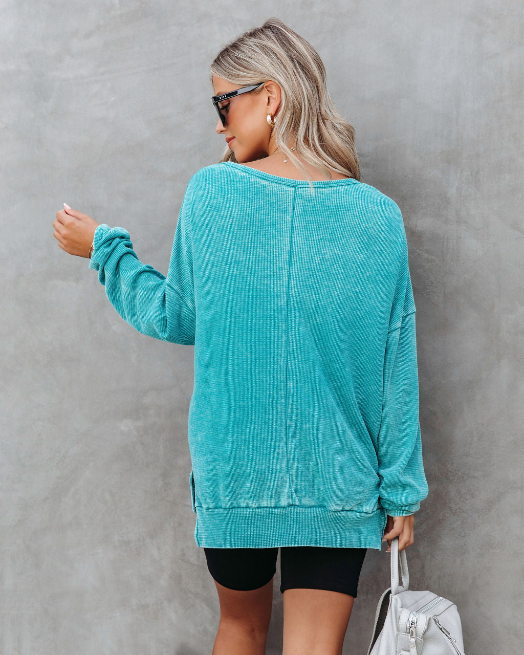 Tahoe Bound Waffle Knit Long Sleeve Top - Teal