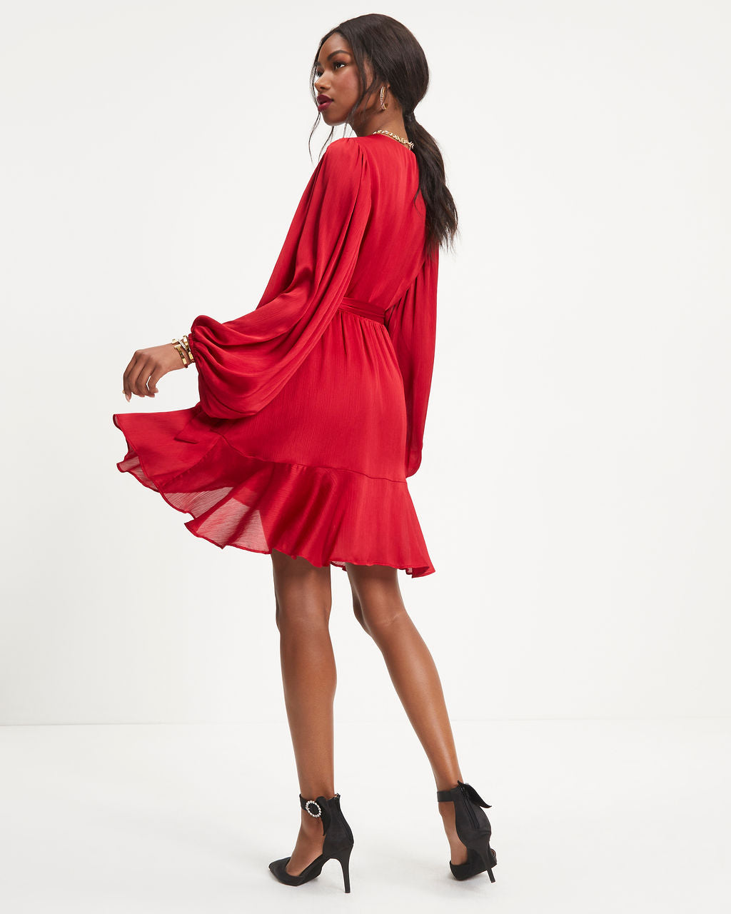 Whitney Satin Wrap Ruffle Mini Dress - Red