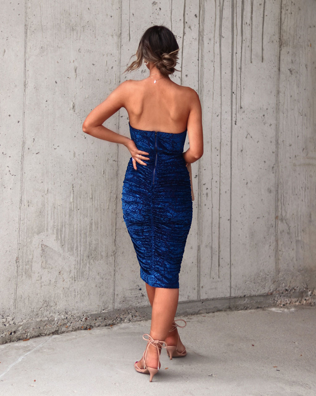 Amore Strapless Drape Burnout Velvet Midi Dress - Navy