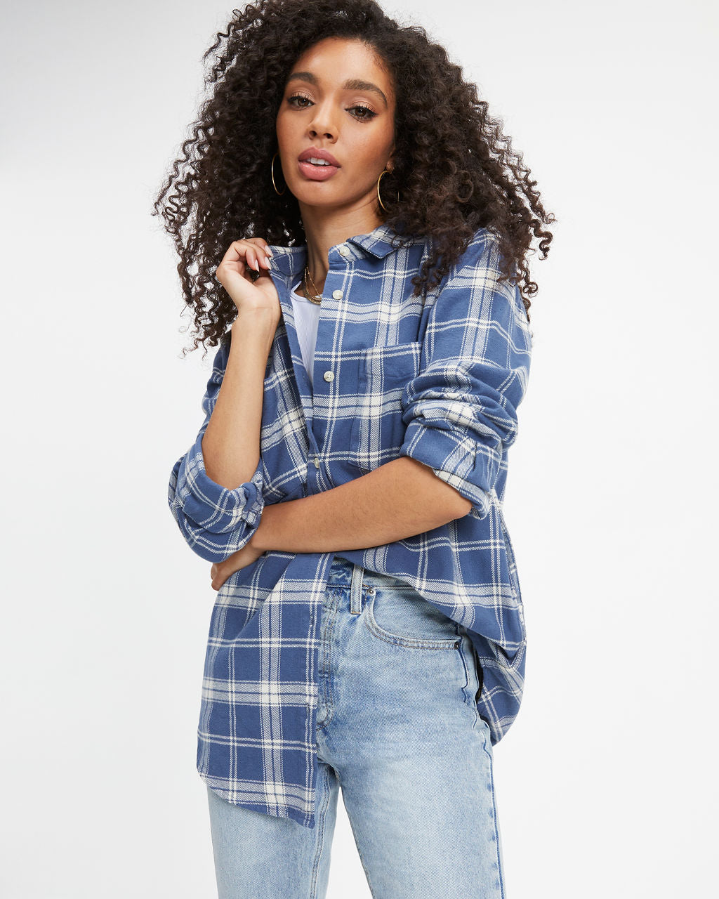 Oxford Plaid Pocketed Button Down Top