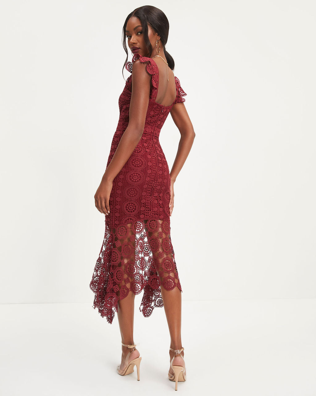 Dare To Be You Crochet Lace Ruffle Midi Dress - Wine