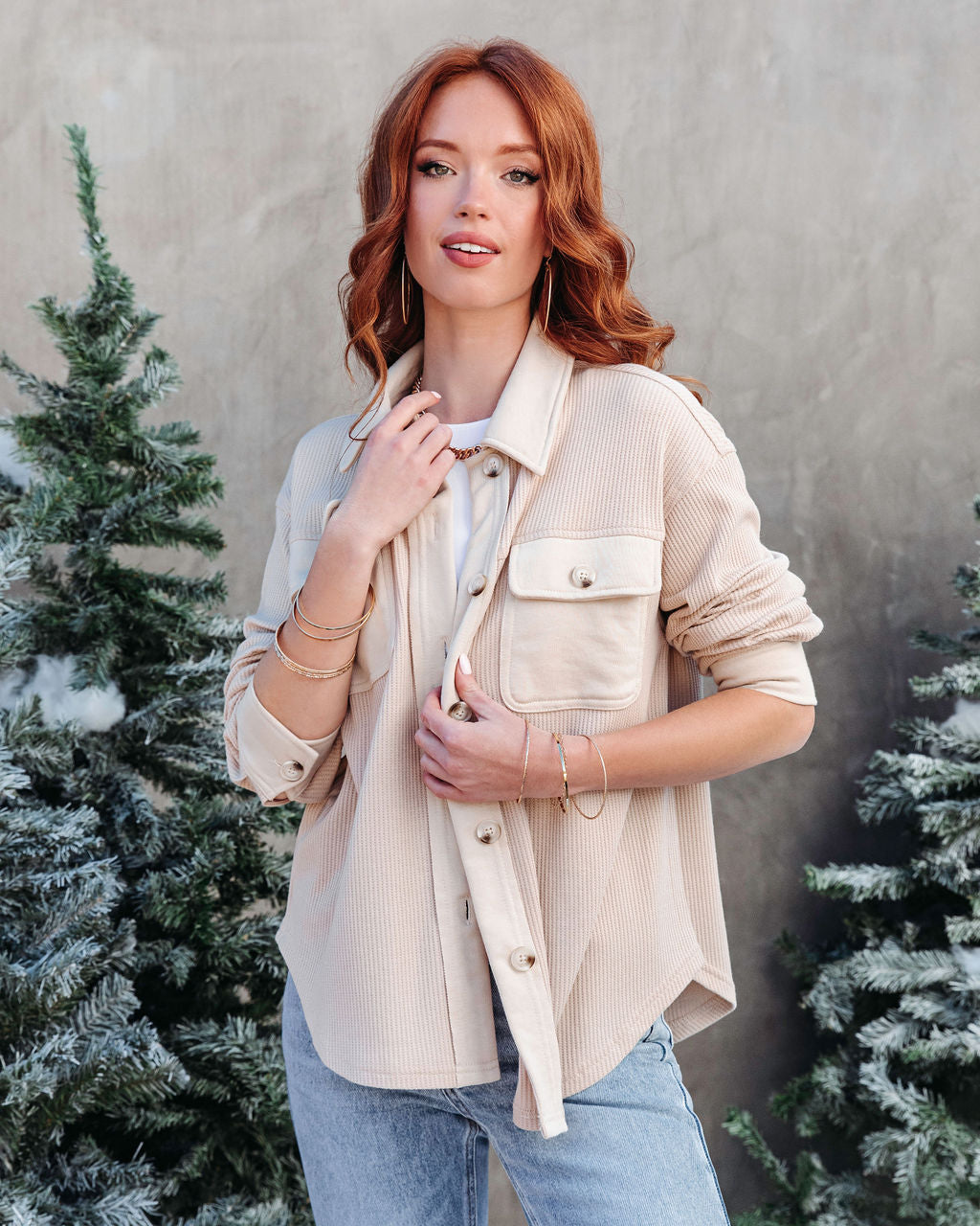 Tiffani Waffle Knit Button Down Top - Oatmeal