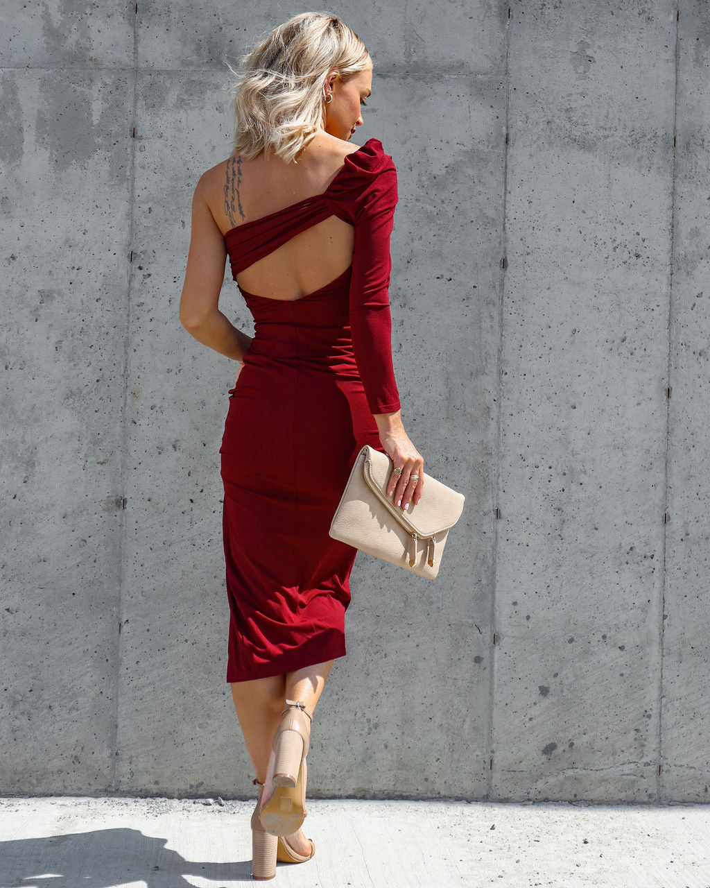 Serving Looks One Shoulder Drape Midi Dress - Wine