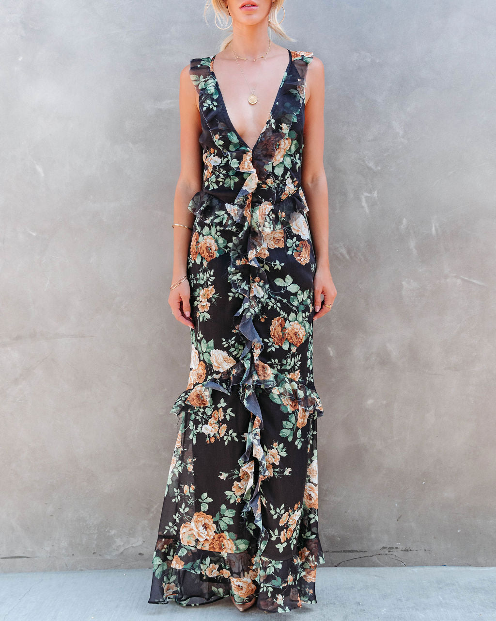 Beautiful Mistake Floral Ruffle Maxi Dress