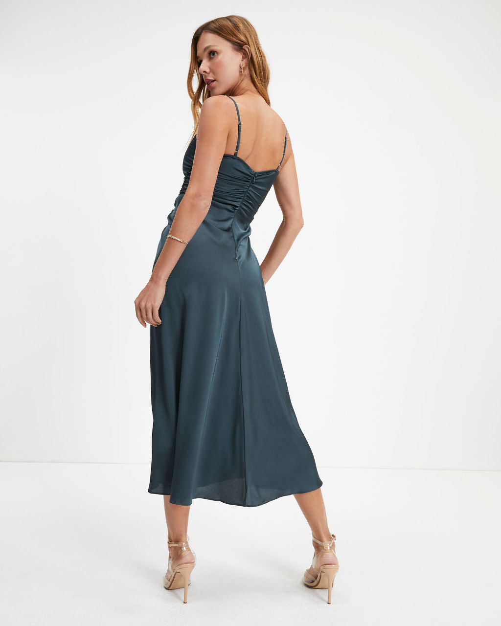 Luxe Doll Satin Drape Slit Midi Dress - Pine