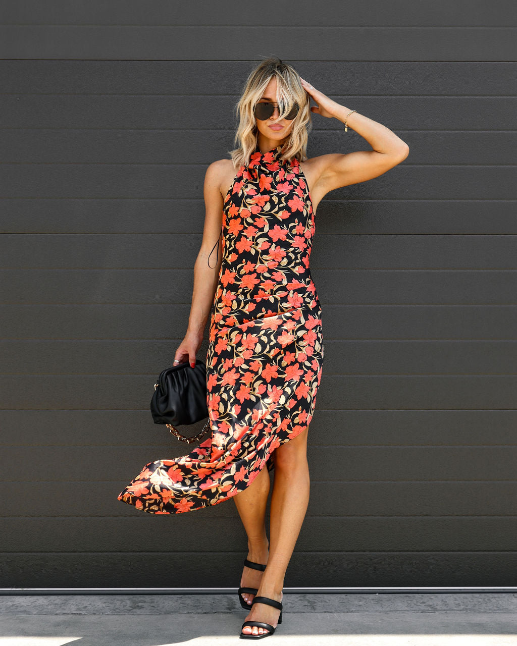 Autumn Bloom Ruched Halter Maxi Dress