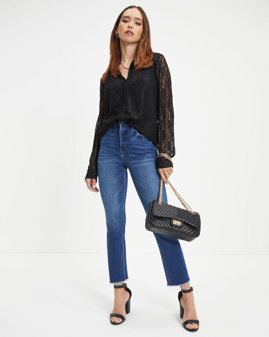 Berenice Lace Button Down Top - Black