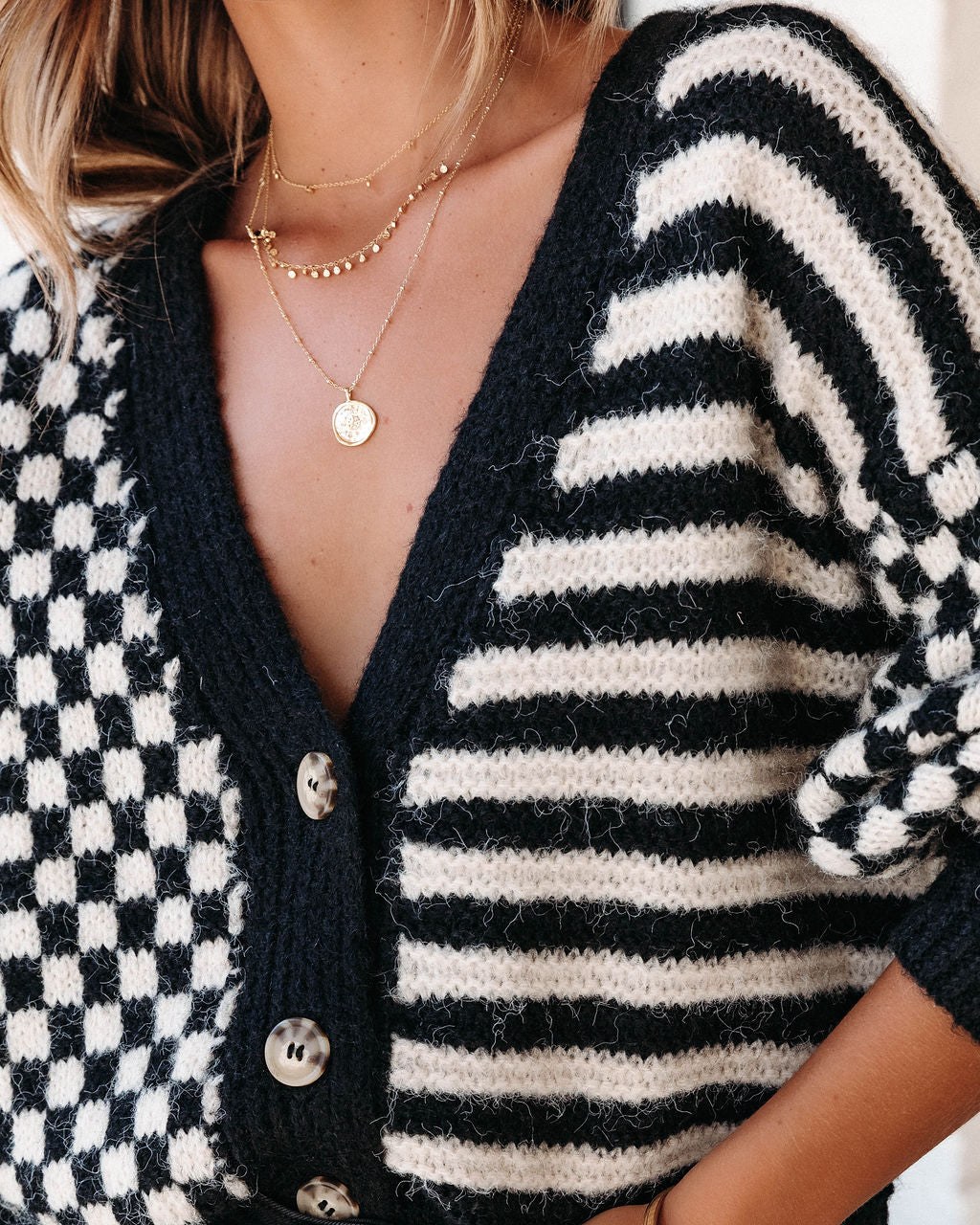Rumor Has It Checkered Striped Knit Cardigan