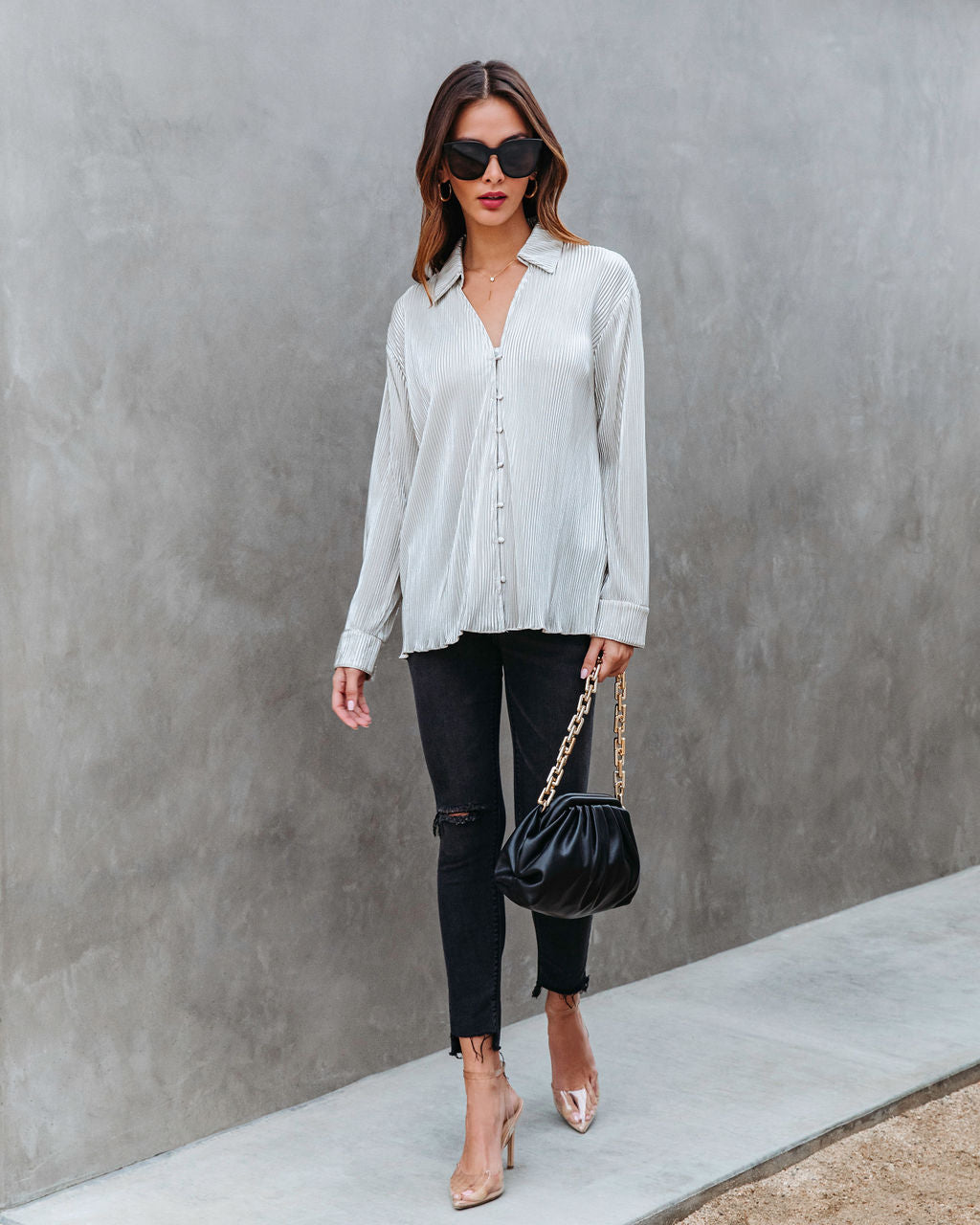 Center Piece Metallic Plisse Button Down Top - Silver