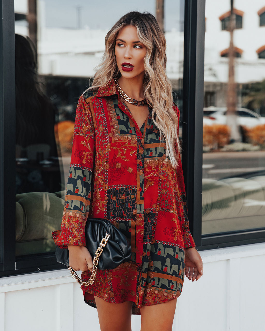 Zyla Mix Print Satin Button Down Shirt Dress