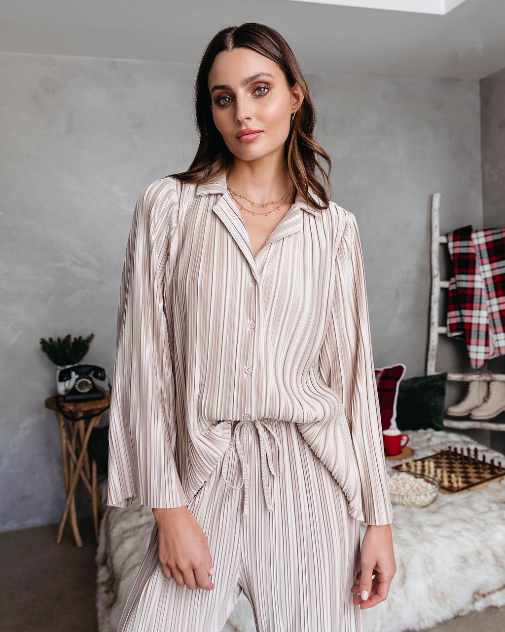 Hey Honey Plisse Button Down Top - Beige