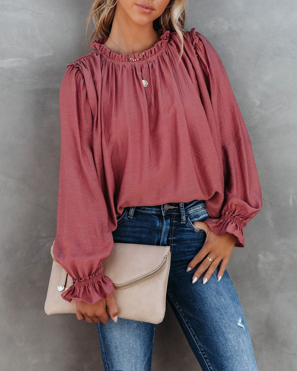 Quinn Crinkle Ruffle Sleeve Top - Dusty Clay - SALE