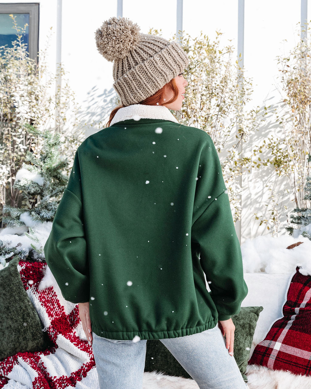 Happy Camper Half Zip Sherpa Trim Pocketed Pullover Sweater - Pine