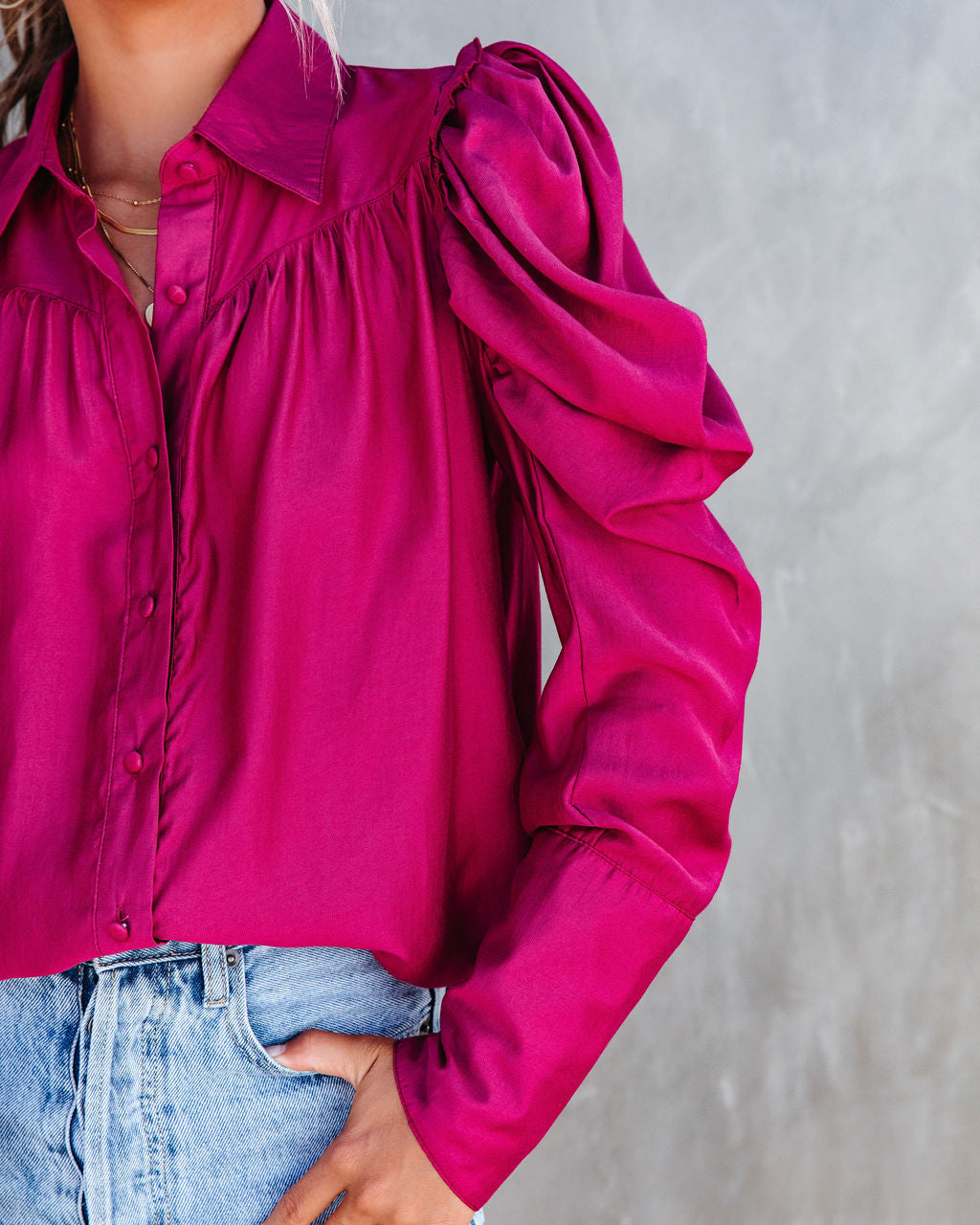 Southern Belle Puff Sleeve Button Down Top - Rose - SALE