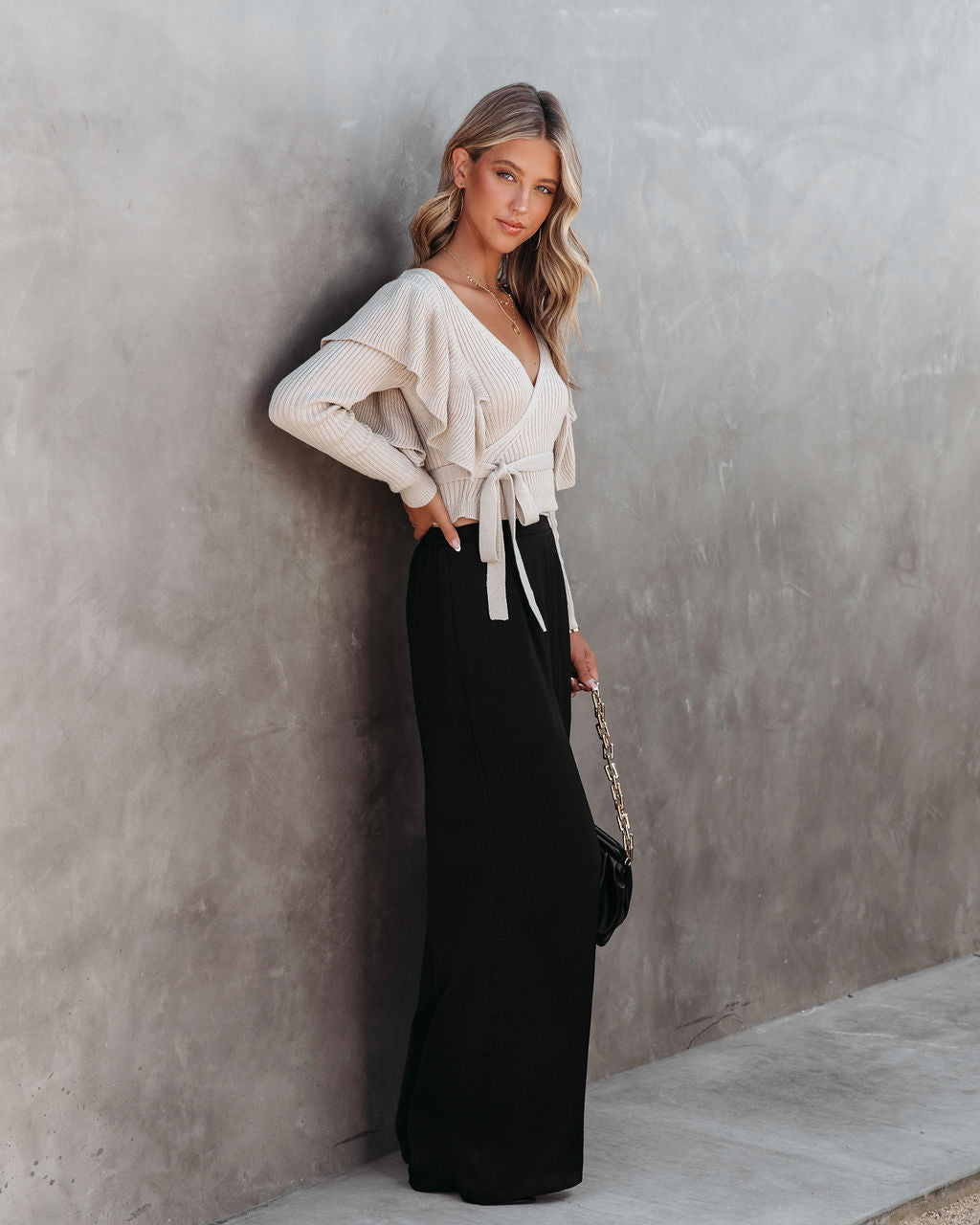 Myra Knit Ruffle Sweater Top - Beige