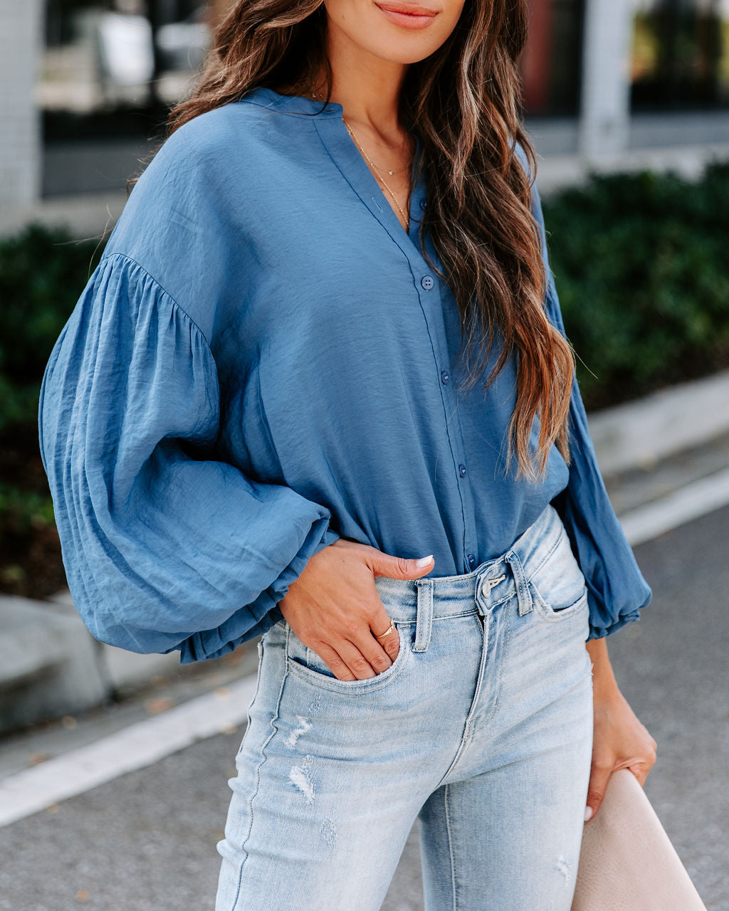 Asher Balloon Sleeve Button Down Top - Blue - SALE