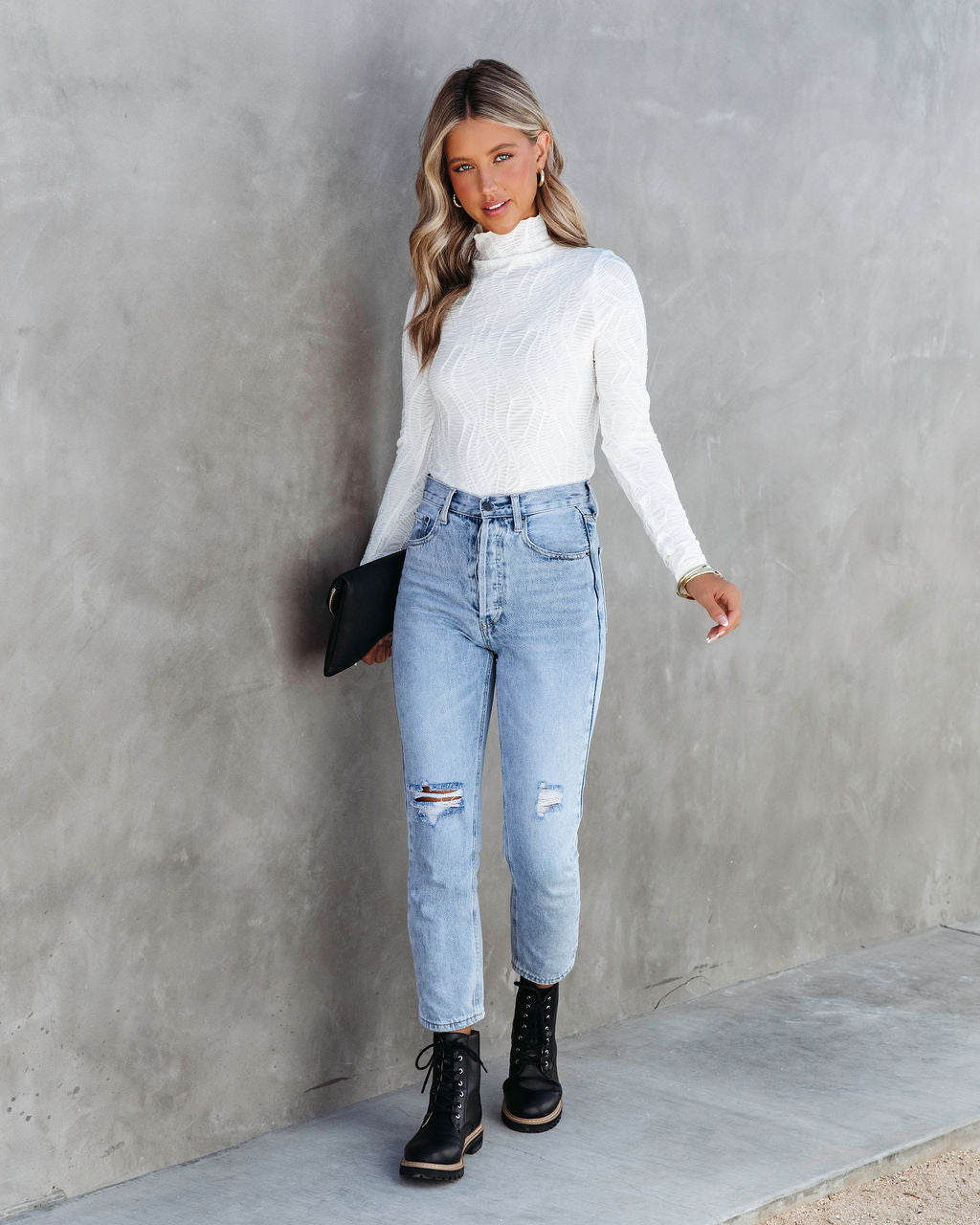 Aria Mock Neck Textured Top - Cream