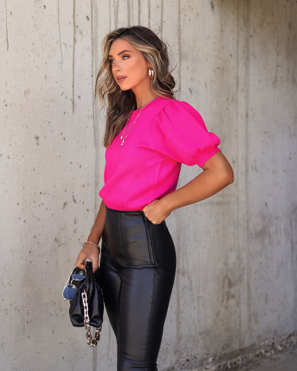 Livia Puff Sleeve Knit Sweater Top - Fuchsia