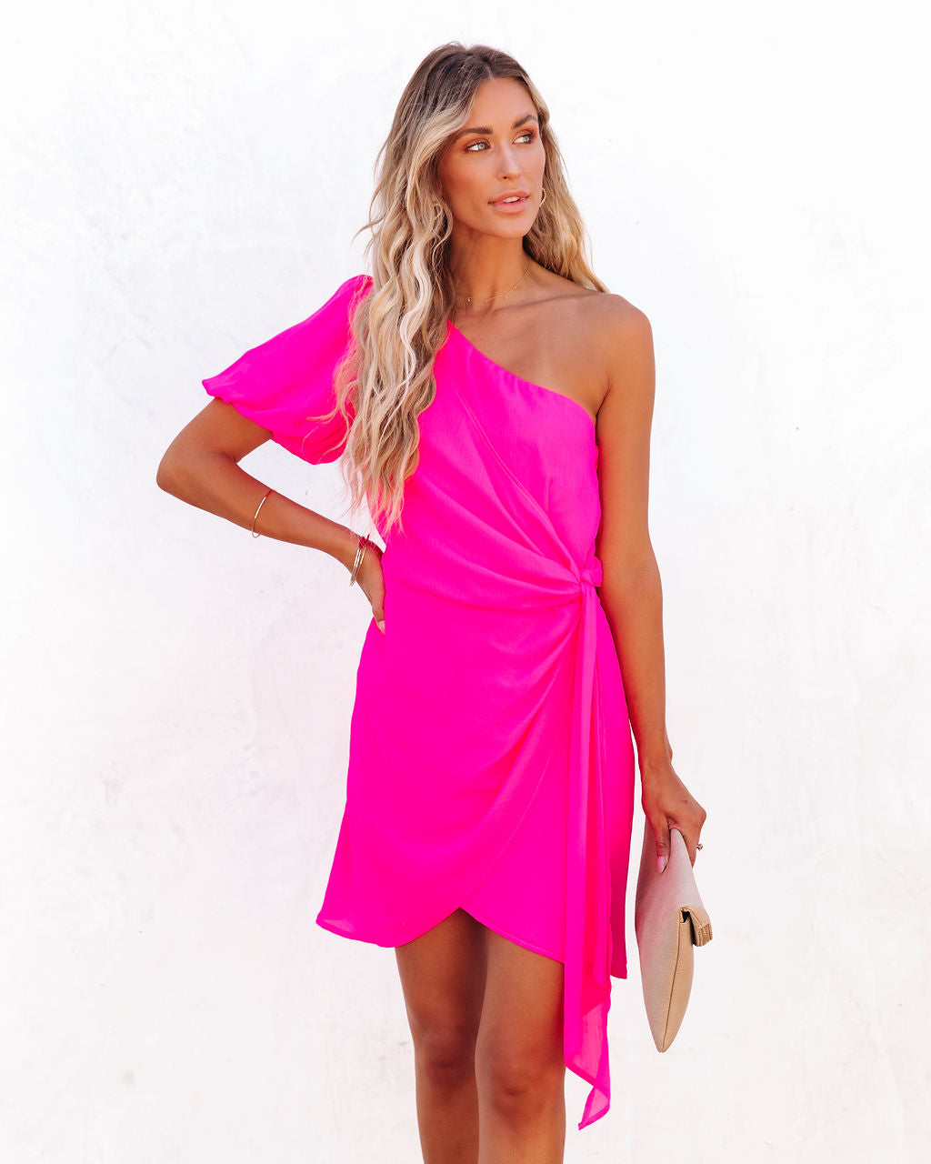 Gemstone One Shoulder Gathered Mini Dress - Hot Pink