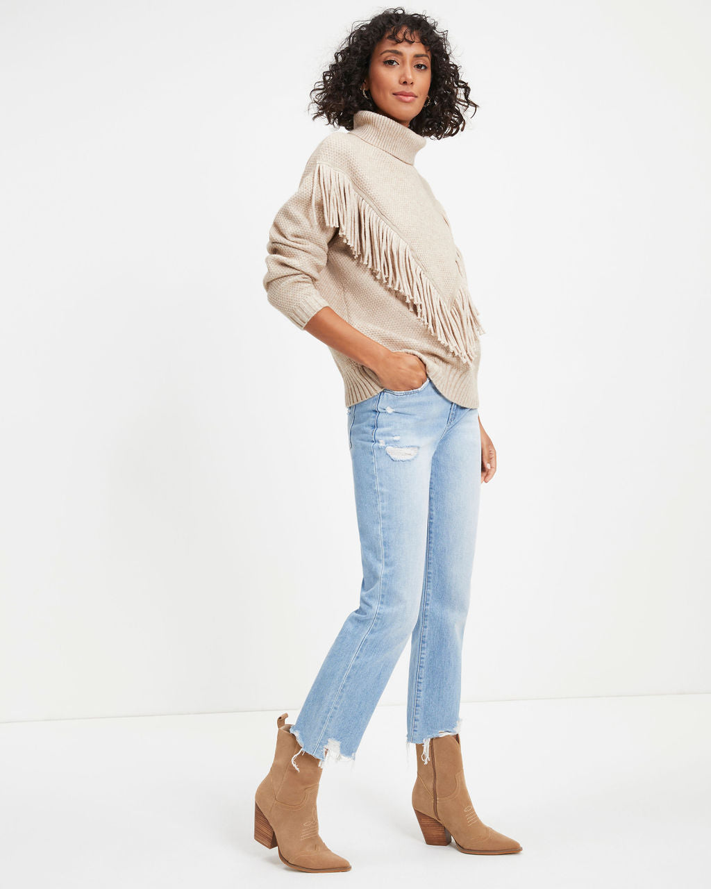 Annie Knit Fringe Turtleneck Pullover Sweater - Oatmeal