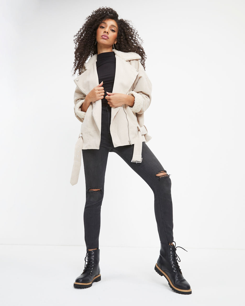 Blake Corduroy Faux Sherpa Moto Jacket - Cream