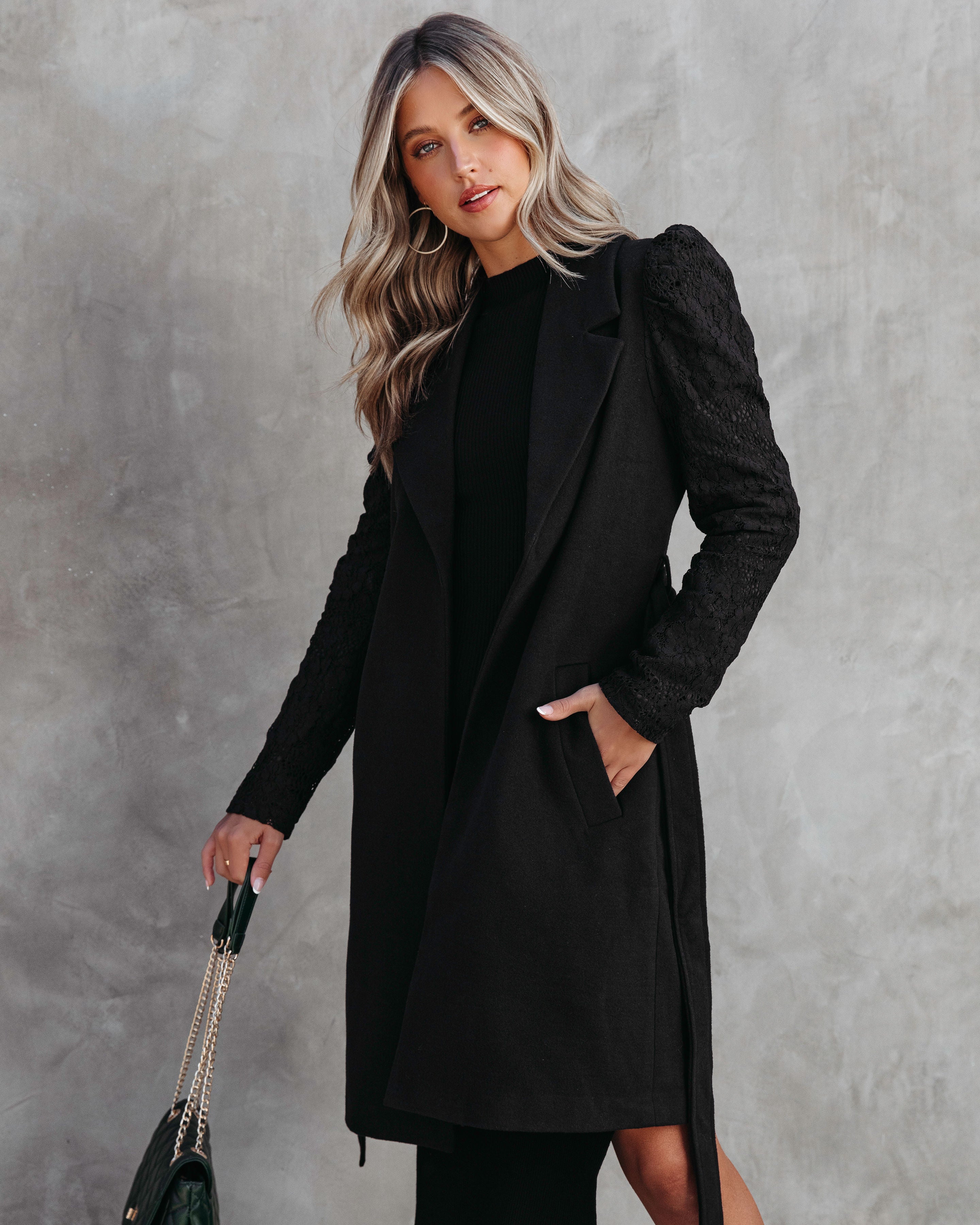 Eileen Pocketed Lace Sleeve Coat - Black