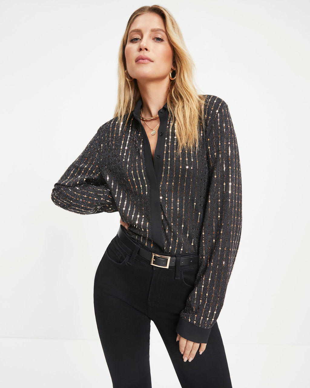 Girl Boss Glam Metallic Button Down Top