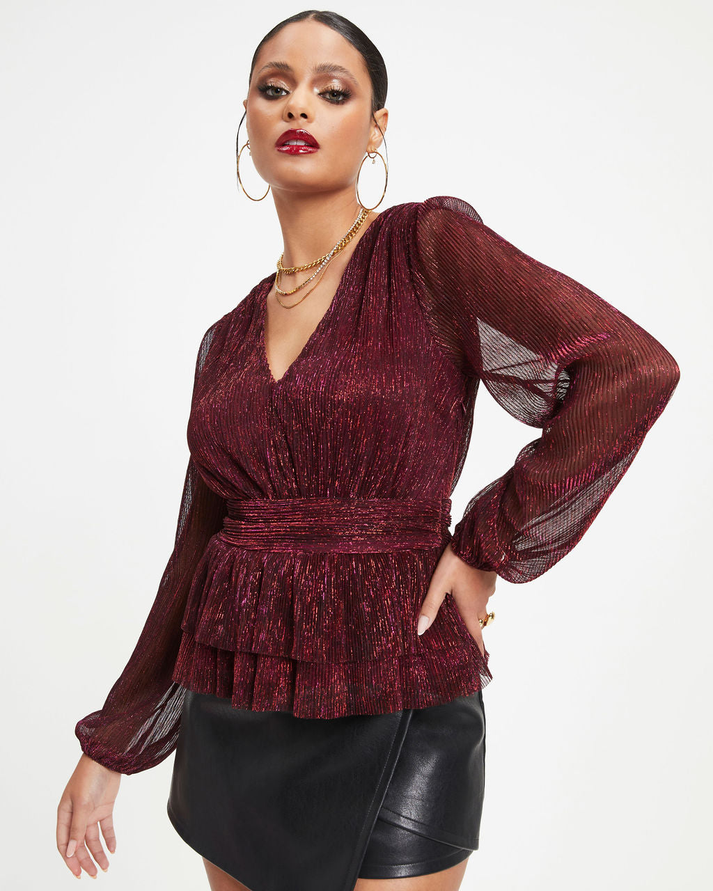 Razzle Dazzle Metallic Plisse Tiered Top - Wine