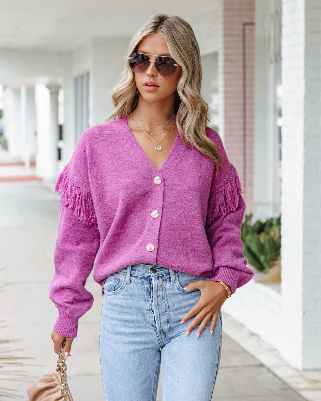 Trixie Fringe Knit Cardigan - Magenta - SALE