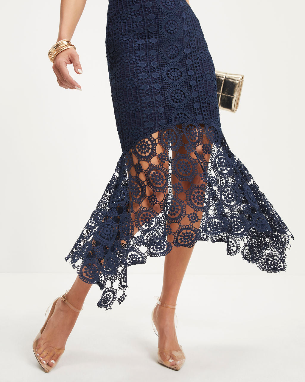 Dare To Be You Crochet Lace Ruffle Midi Dress - Navy