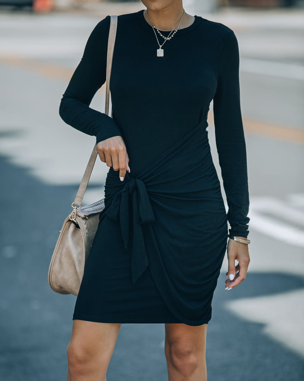 Ayda Drape Front Tie Mini Dress - Black - SALE