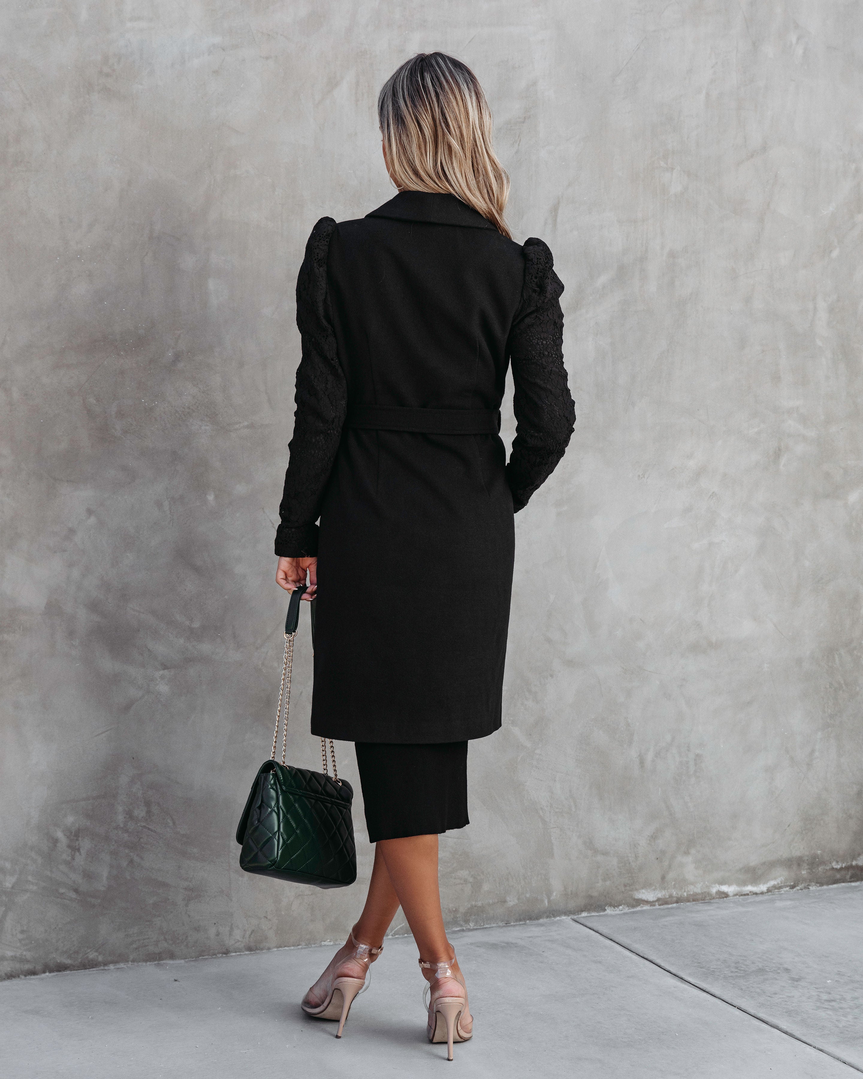 Eileen Pocketed Lace Sleeve Coat - Black