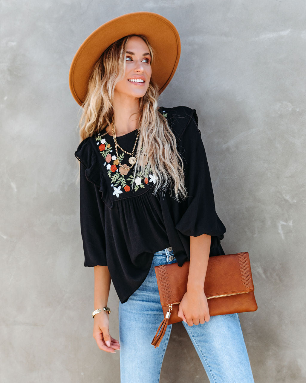 Bohemian Fall Floral Embroidered Babydoll Top - Black - SALE