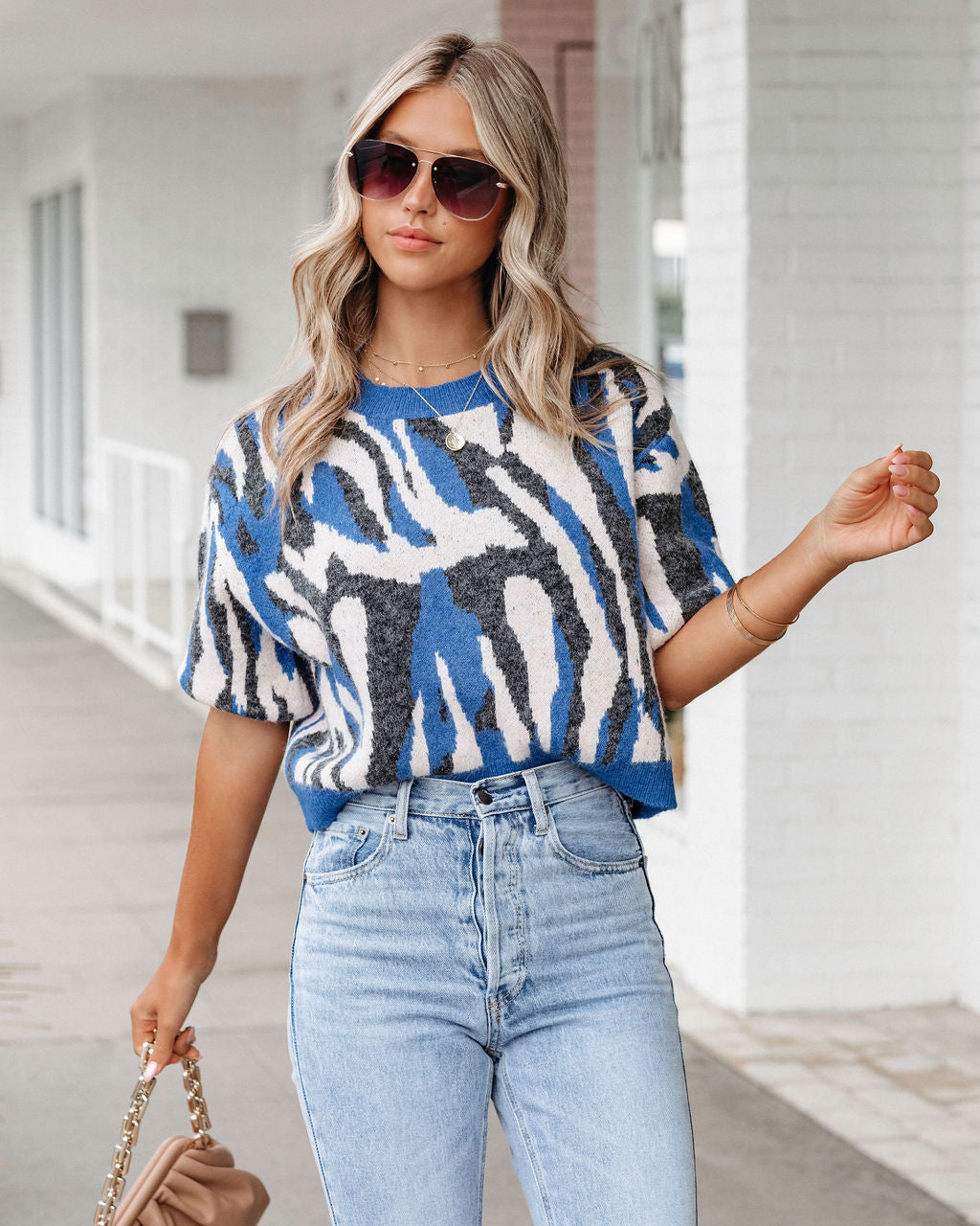 Cape Town Knit Printed Sweater Top - Blue Combo - SALE