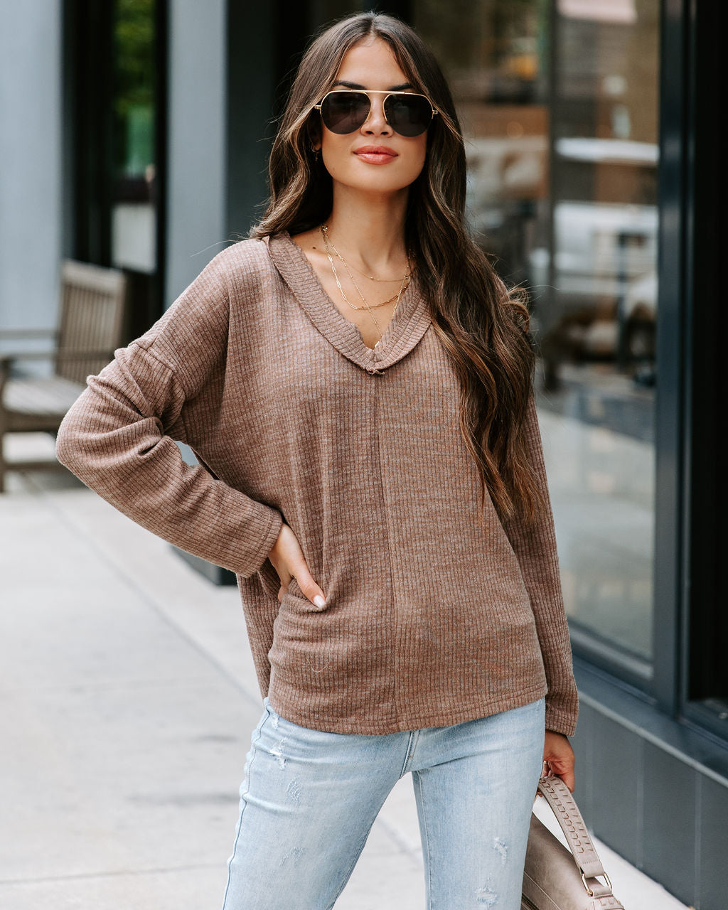 Touch Of Fall Oversized Ribbed Long Sleeve Top - Cocoa
