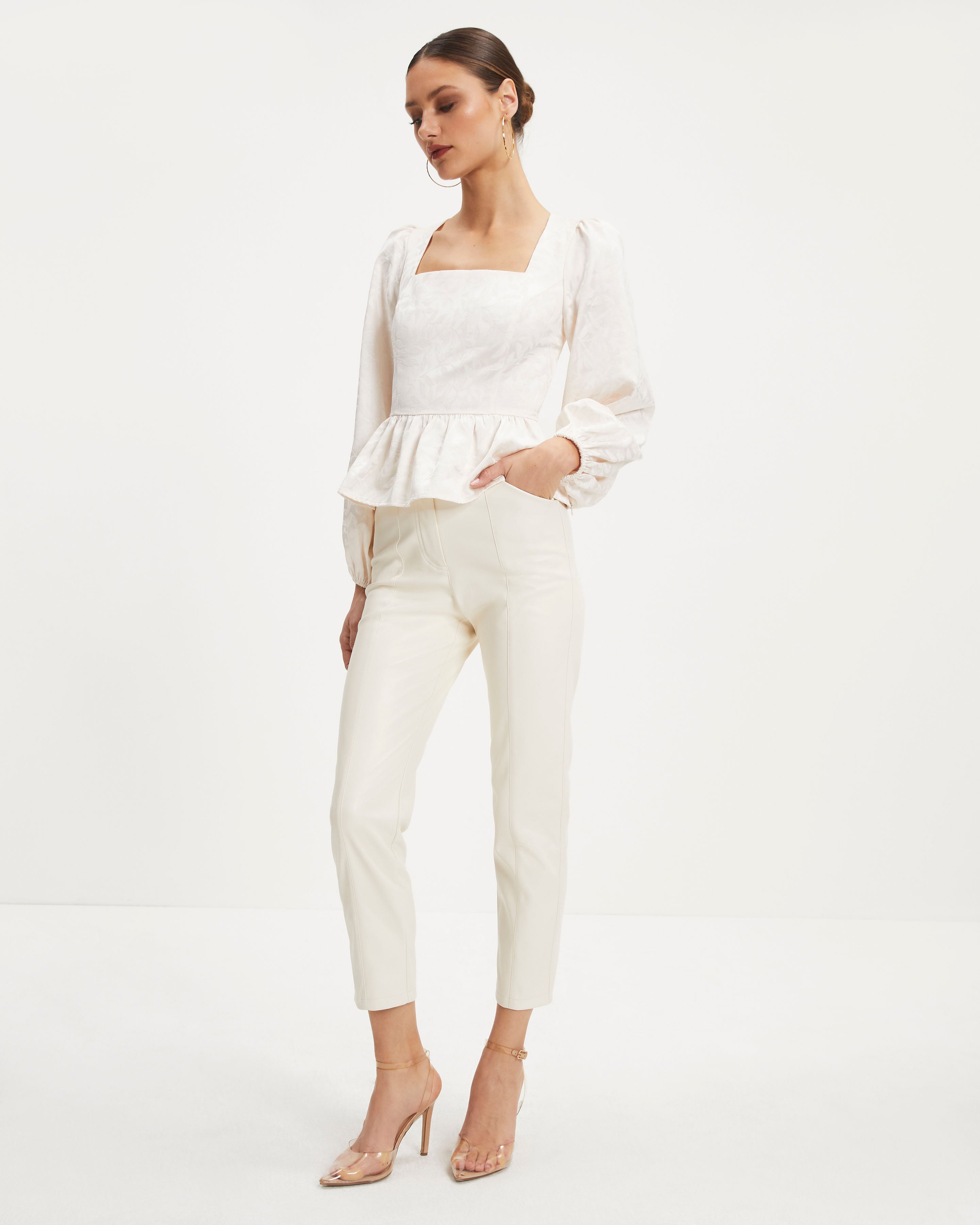 Afternoon At Versailles Puff Sleeve Peplum Top - Cream