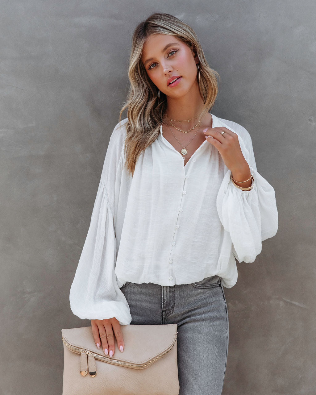 Bodhi Balloon Sleeve Button Up Top - White