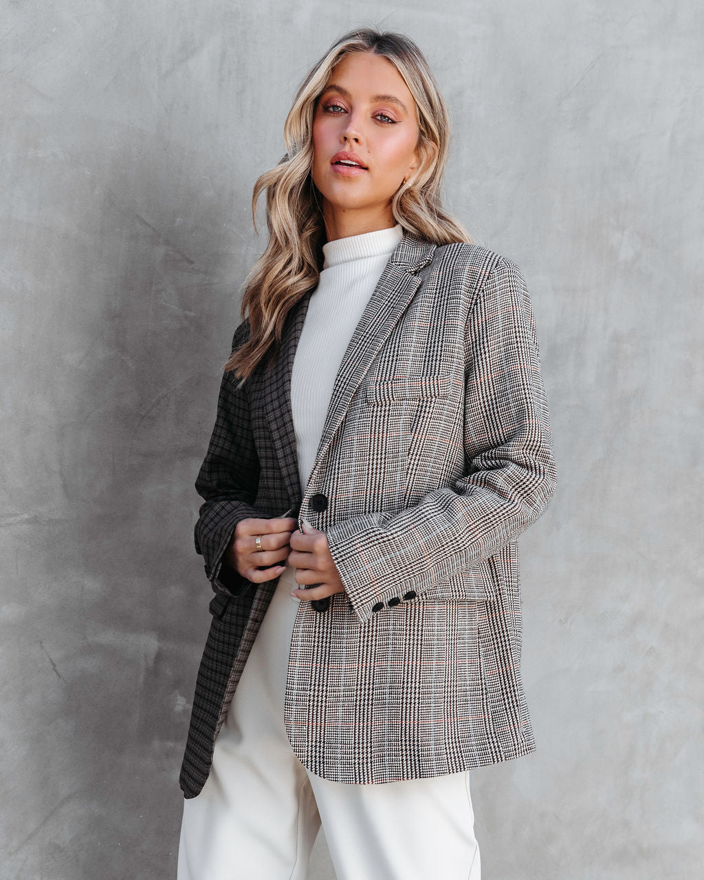 Gemini Mixed Plaid Pocketed Blazer - Brown