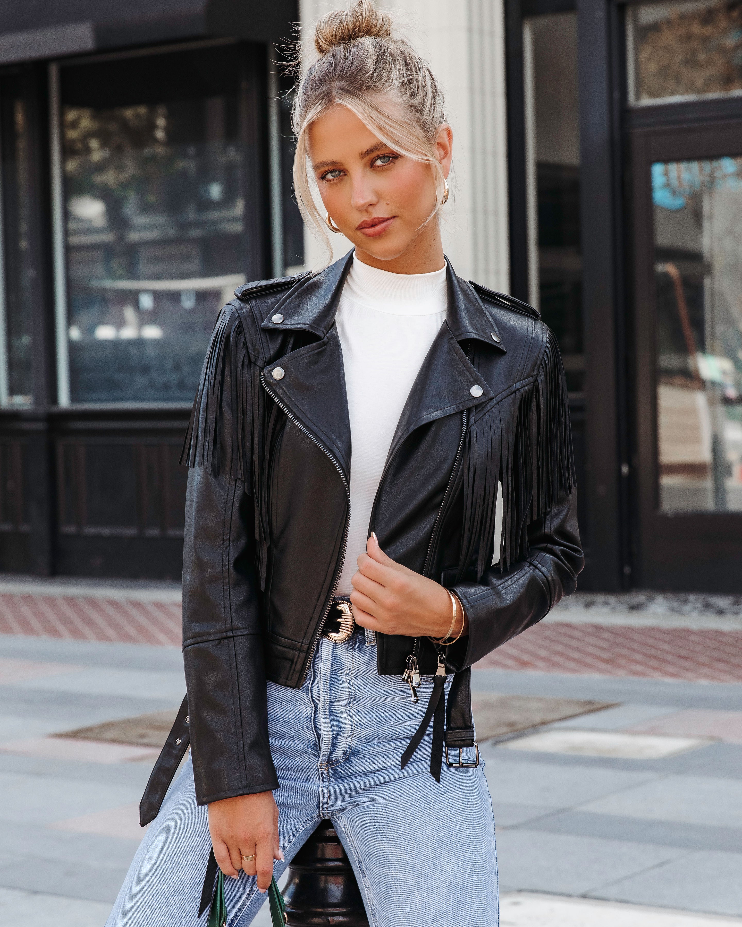 Running Wild Faux Leather Fringe Biker Jacket - Black