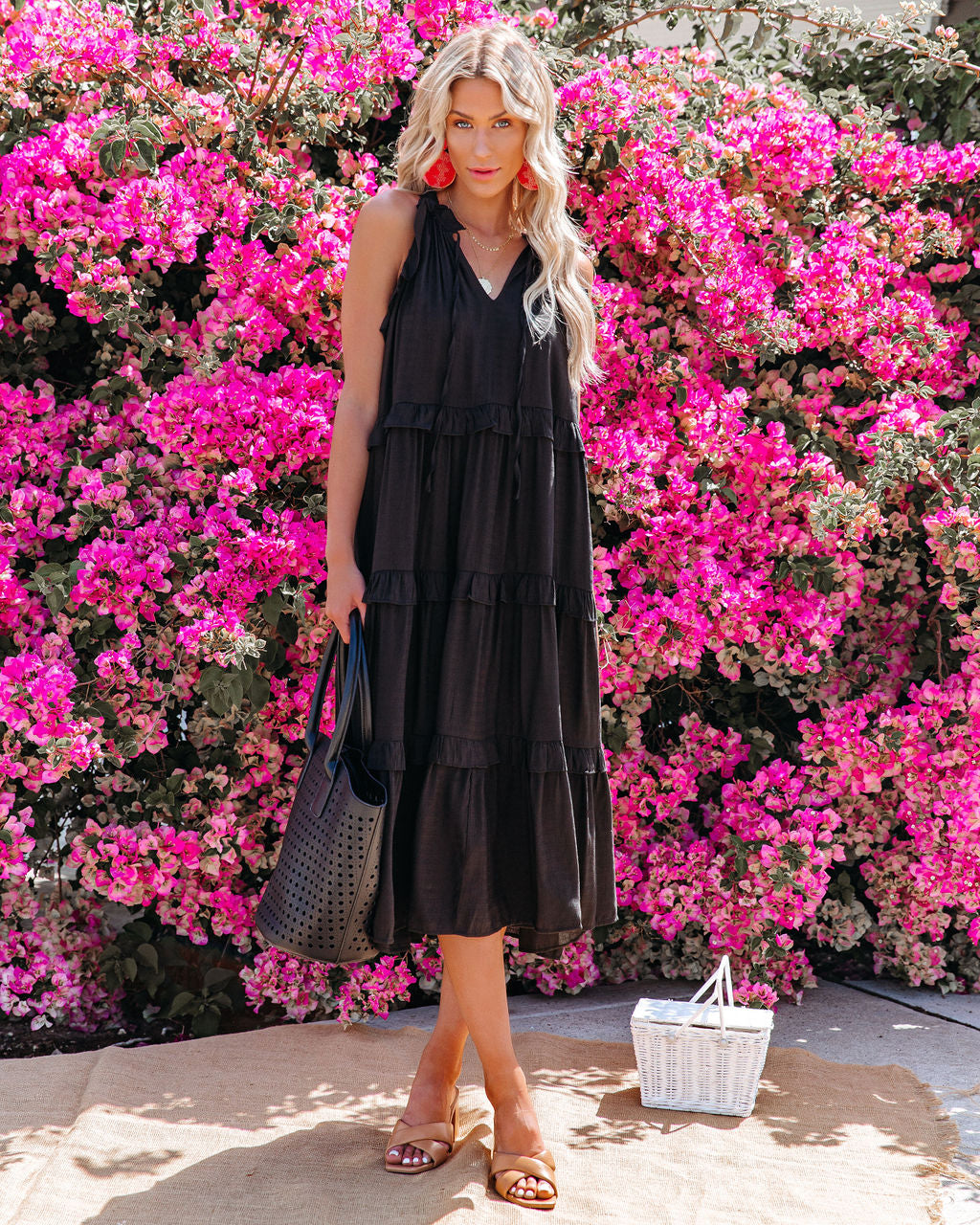 Ballard Cotton Blend Pocketed Tiered Midi Dress - Black - FINAL SALE