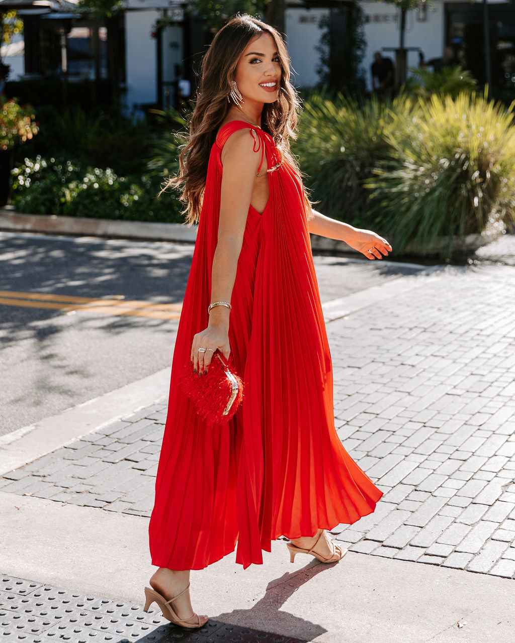 Melina Satin One Shoulder Pleated Midi Dress - Red