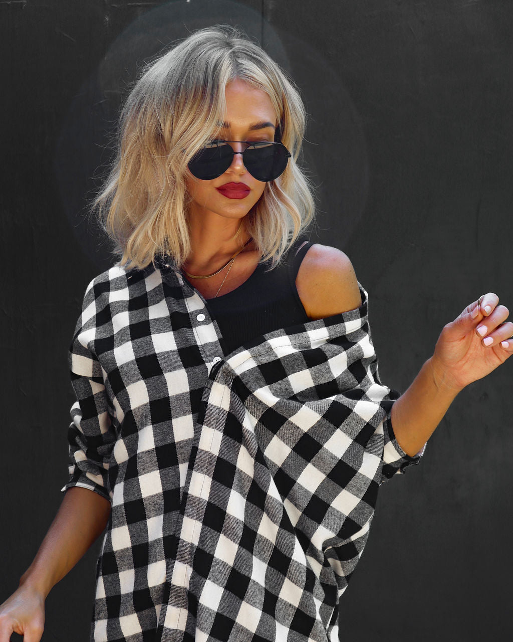 Check Yourself Plaid Off The Shoulder Tunic Dress
