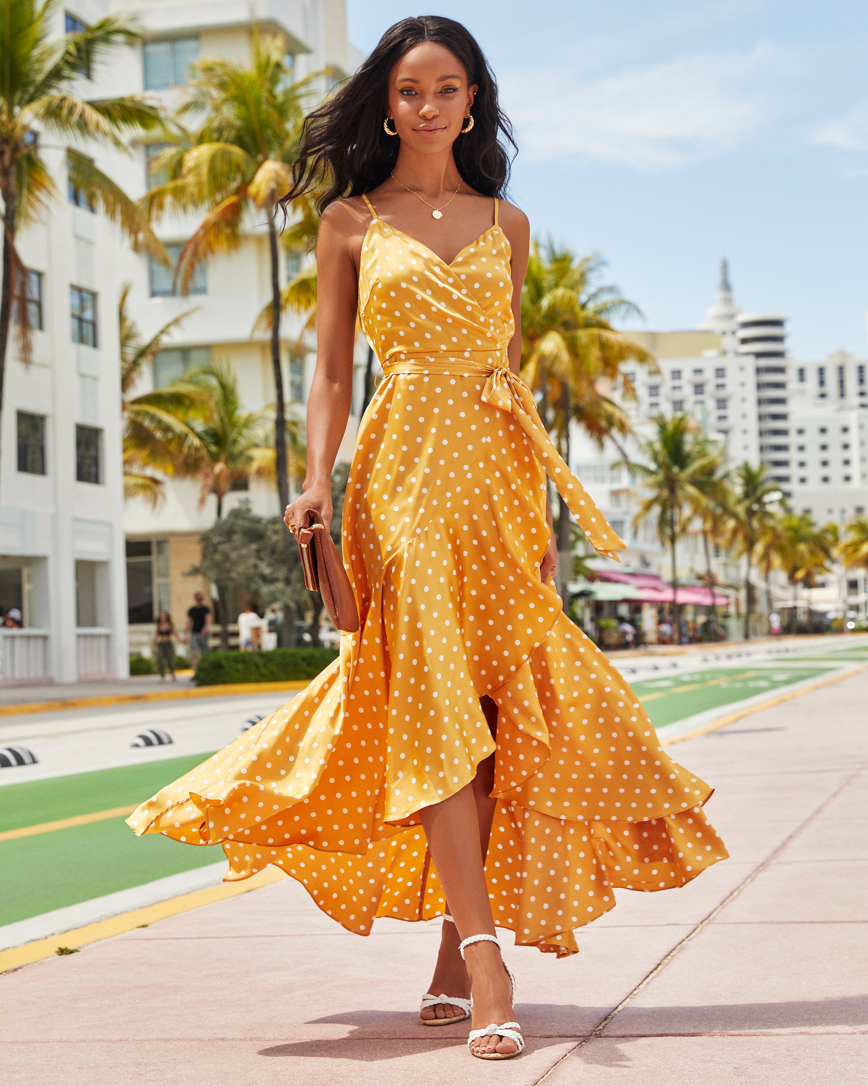 Claribella Satin Polka Dot High Low Maxi Dress - Mustard - FINAL SALE