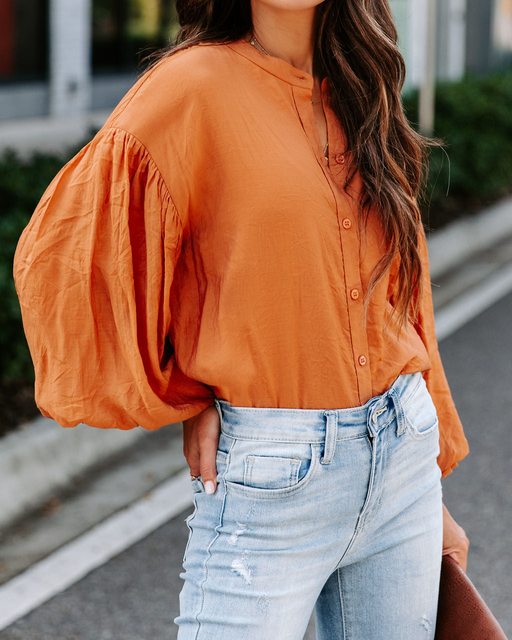 Asher Balloon Sleeve Button Down Top - Clay - SALE