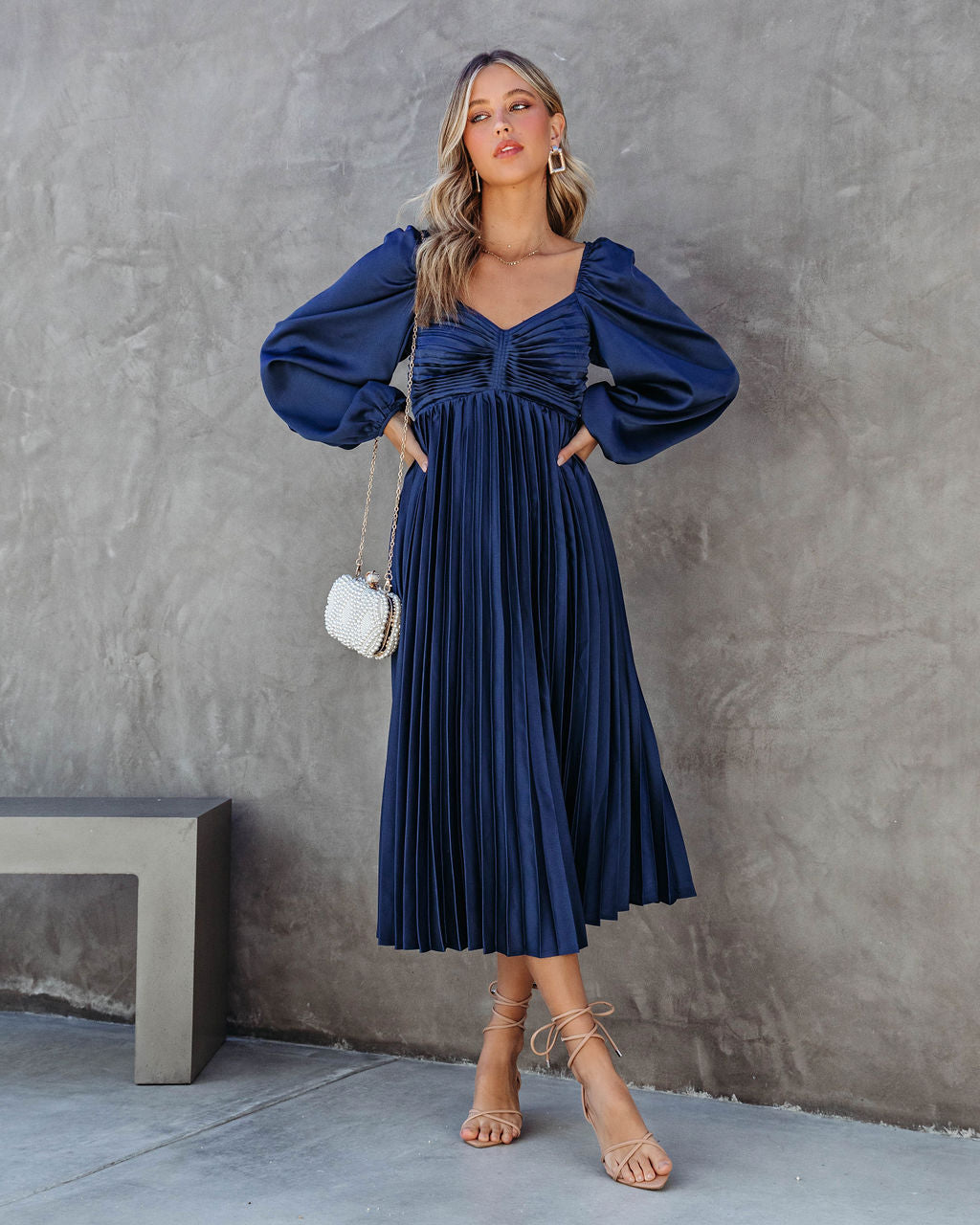 Romantic One Satin Pleated Midi Dress - Navy