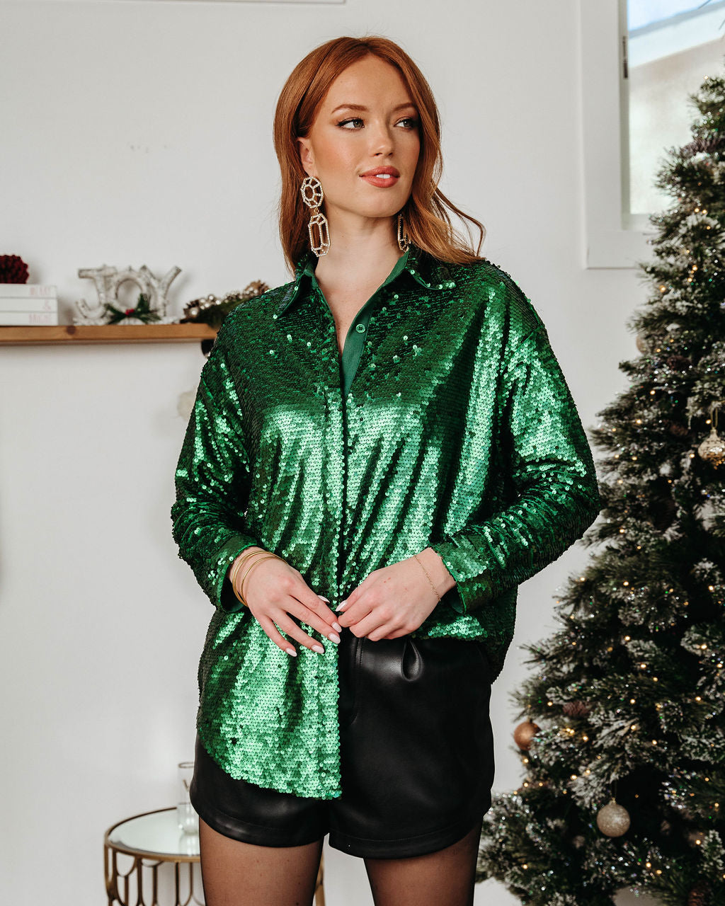 Dream Girl Sequin Button Down Top - Green