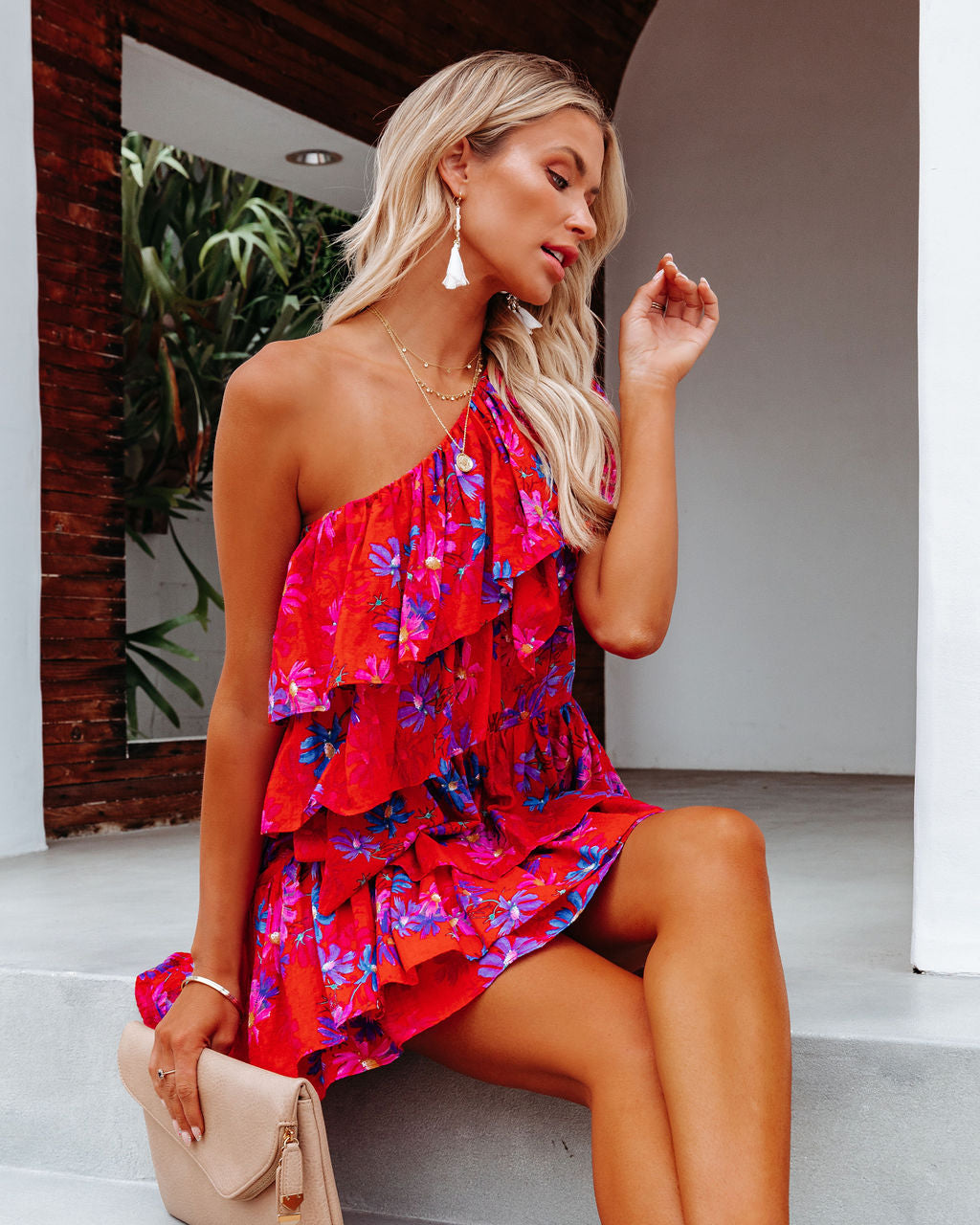 Vallis One Shoulder Floral Cotton Blend Tiered Mini Dress - FINAL SALE